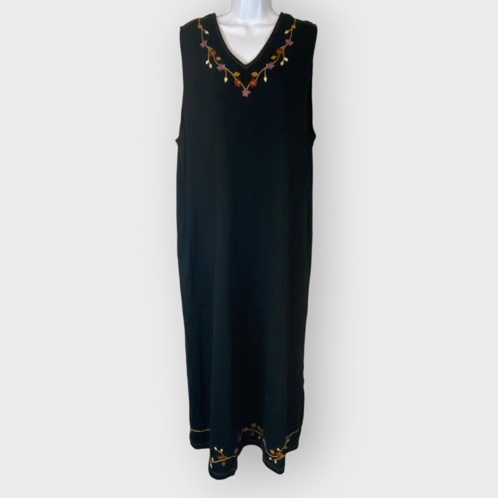 NWD Vtg Bechamel Embroidered Maxi Dress | XL | Black Cotton Pockets | Lagenlook